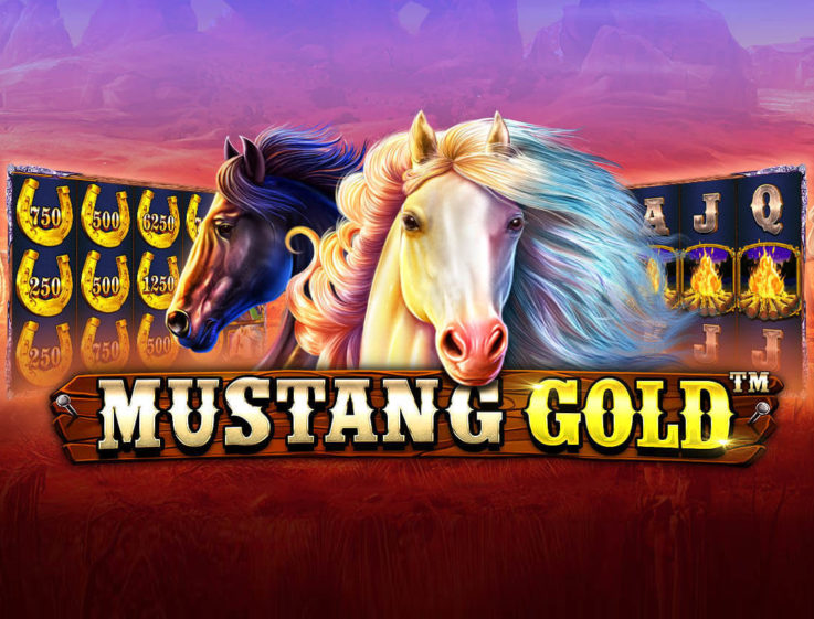 The logo of Mustang Gold, an online slot the free demo of which you can play for free on playamo.net, featuring two horses